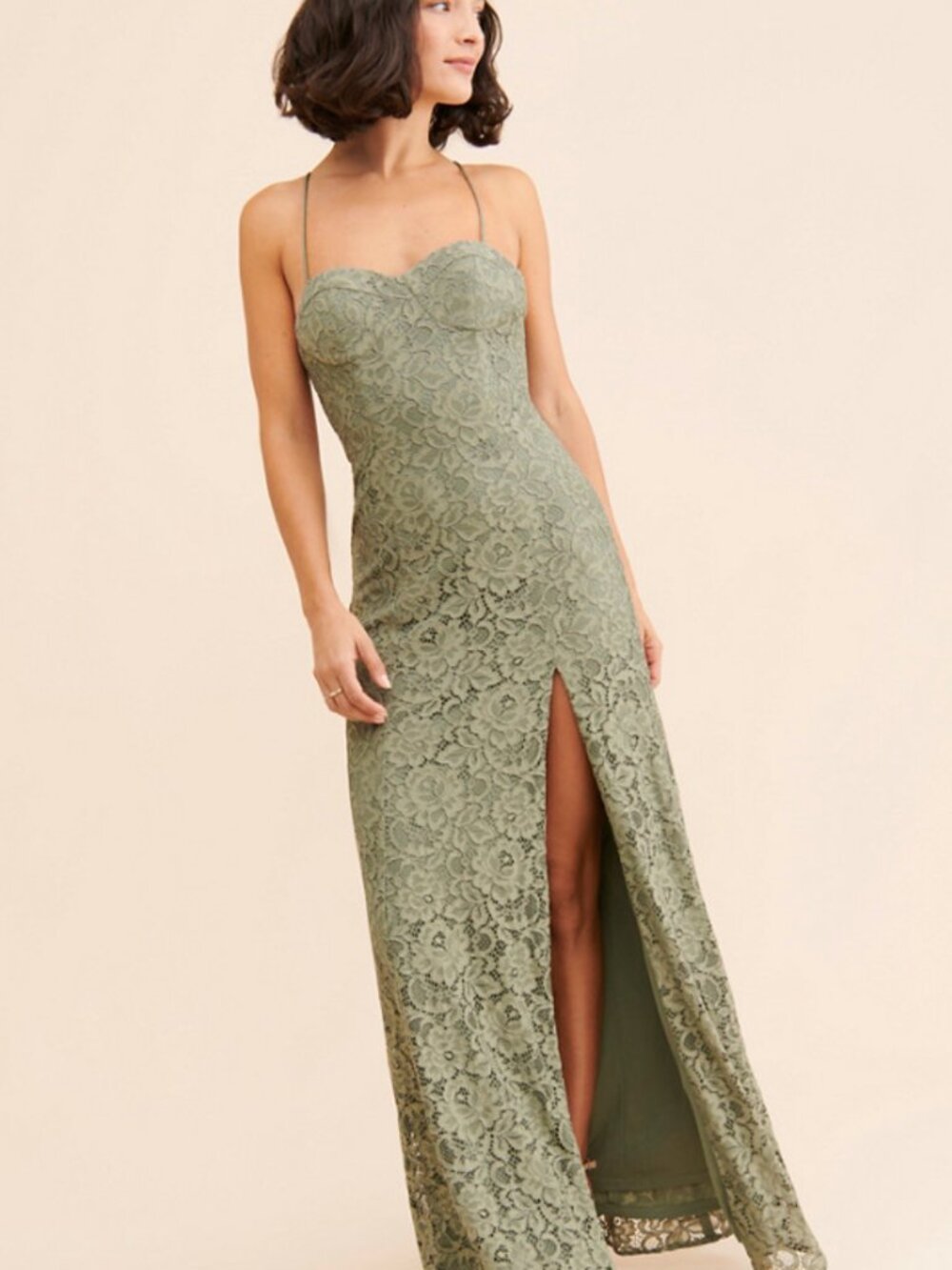 BHLDN Emma Sweetheart Lace Gown Olive Lace Maxi with Spaghetti Straps